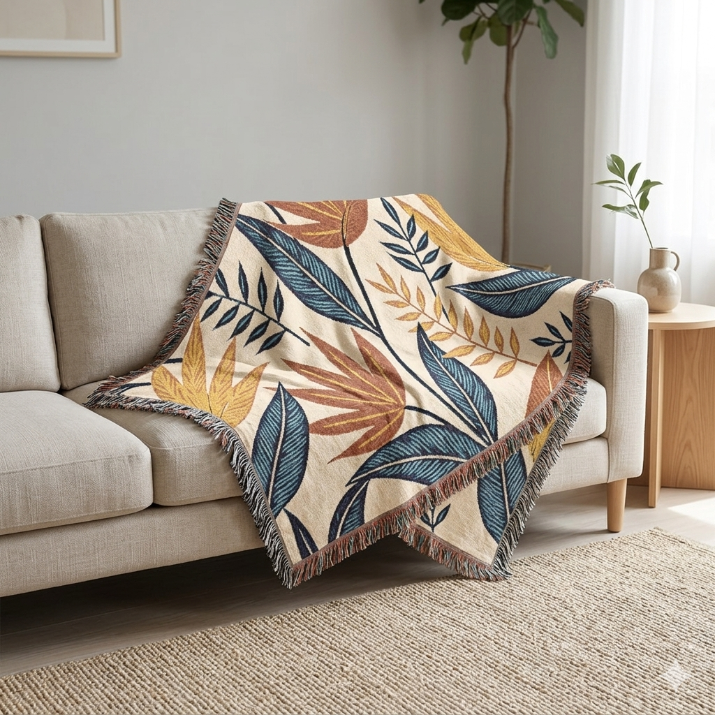 Tropical Leaf Woven Blanket — Boho Botanical Throw for Sofa & Bed