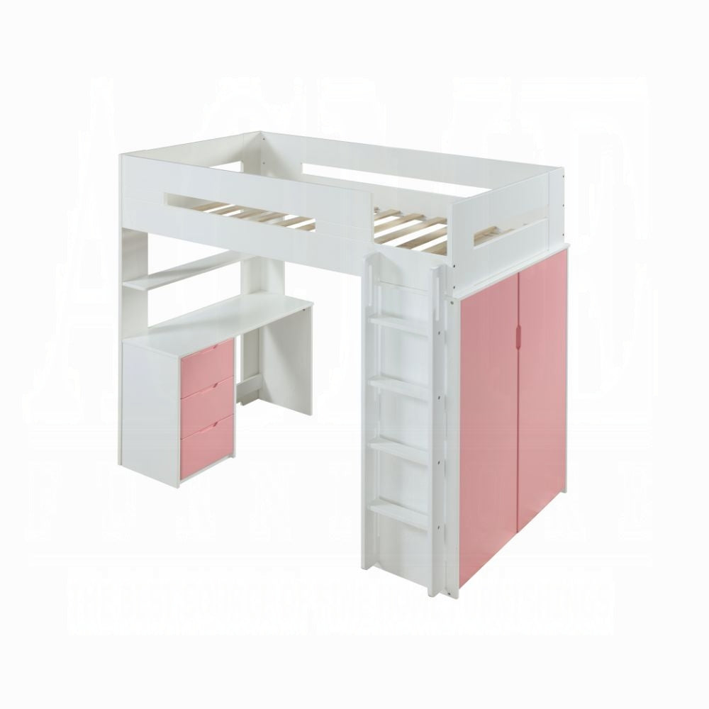 Lilo Twin Bunk/Loft Bed W/Workstation & Wardrobe - White/Pink