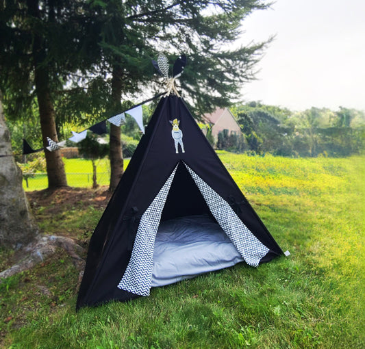 Black Teepee with Dog patch and Zig-zag Lining Teepee Tent