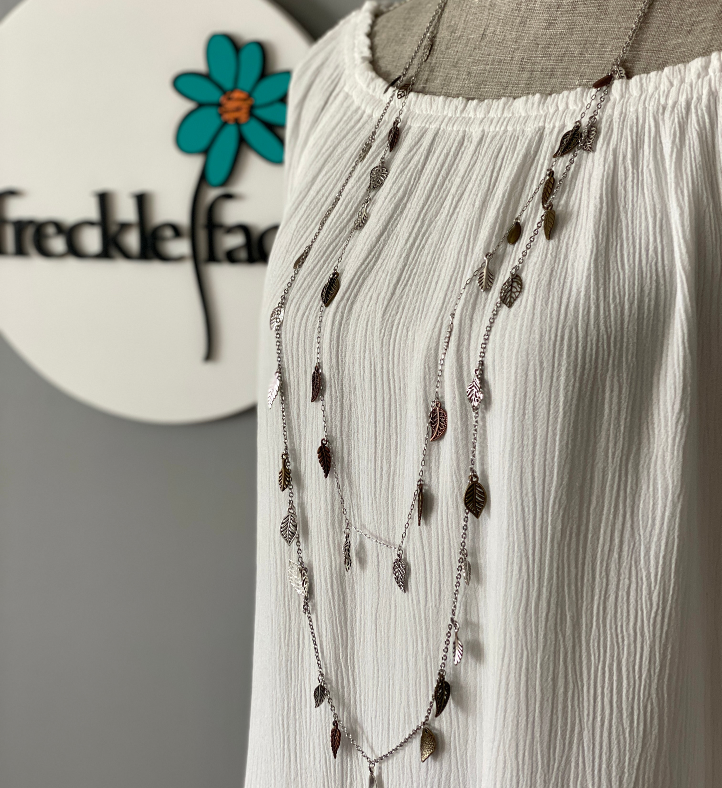 Waterfall Leaf Necklace – Long Layering Chain with Cascading Silver & Mixed Metal Leaves