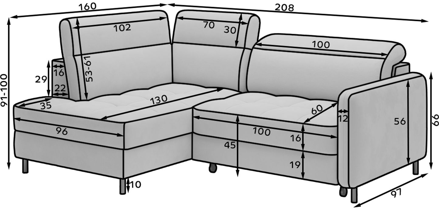 Barea 3 Seater Storage Sleeper Chaise Sofa - Light Grey