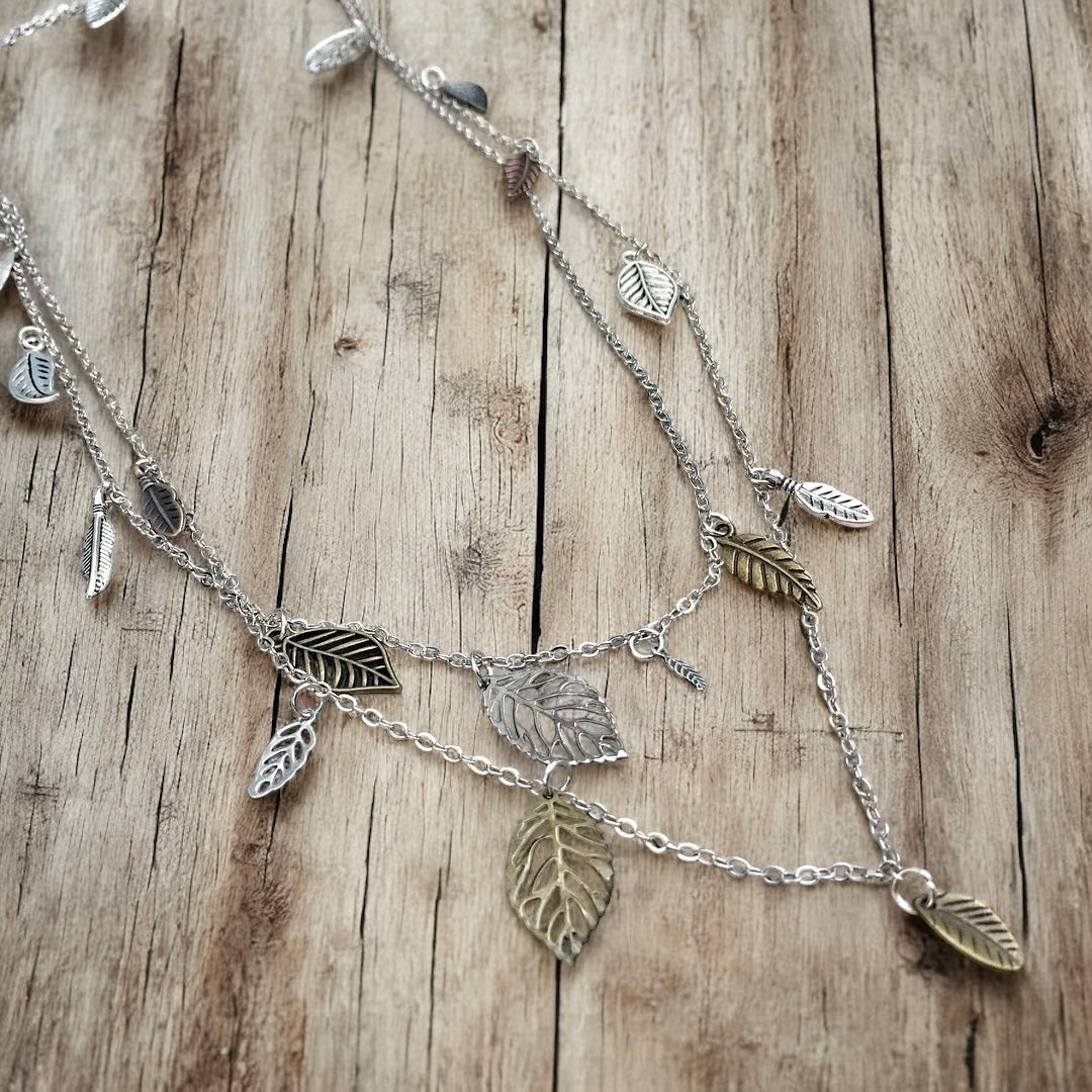 Waterfall Leaf Necklace – Long Layering Chain with Cascading Silver & Mixed Metal Leaves