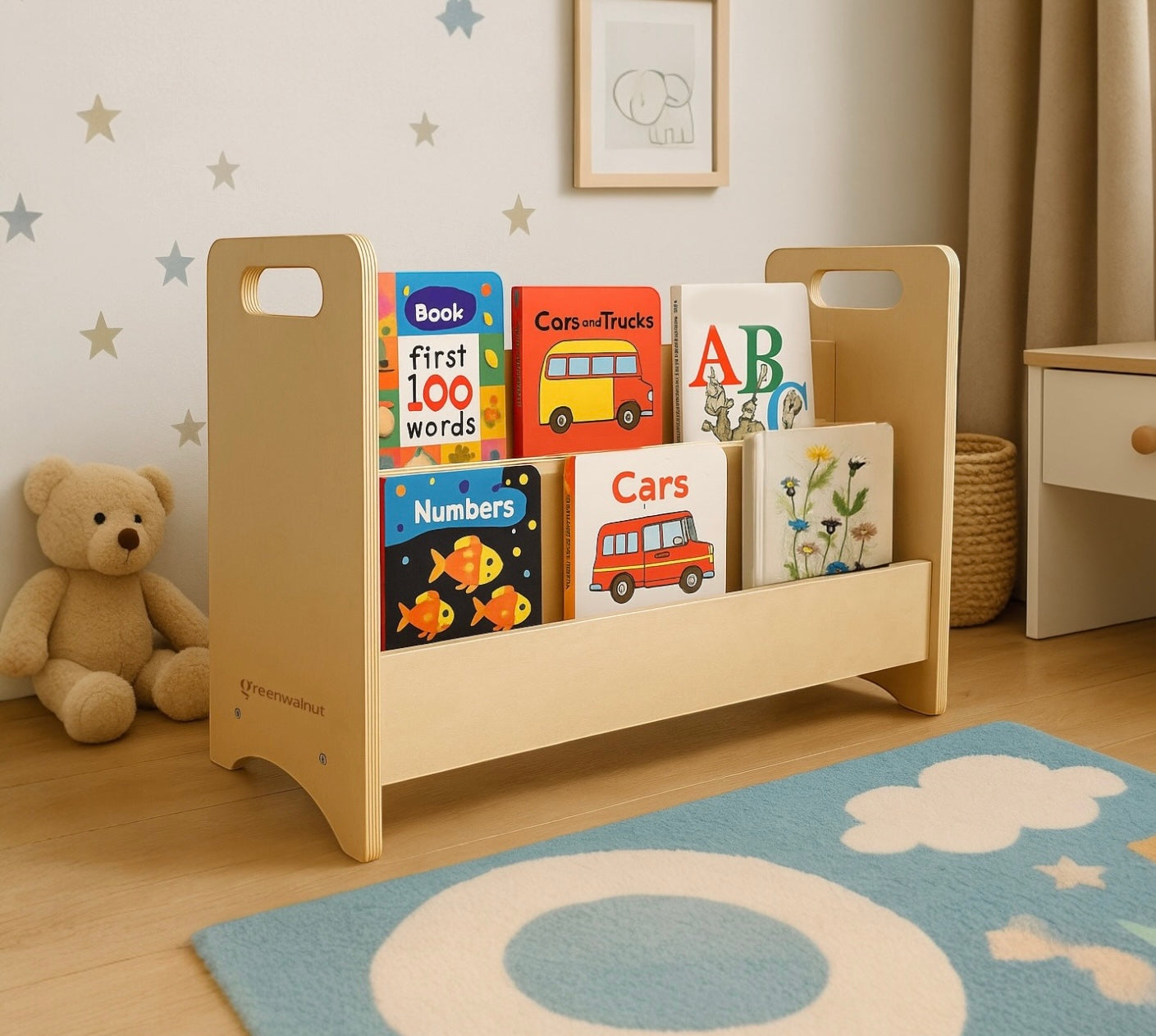 Double-Sided Wooden Montessori Bookshelf for Kids | Book Storage for kids