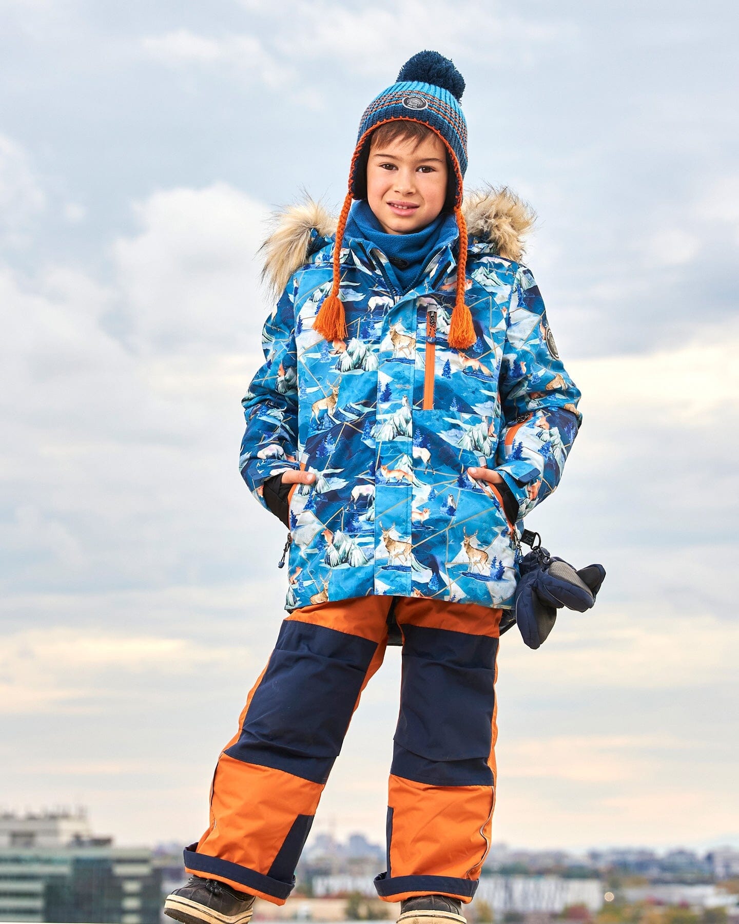Two Piece Snowsuit Burnt Orange With Printed Animals And Glaciers