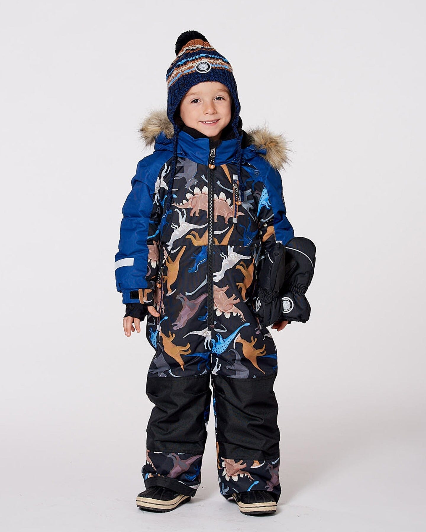 One-Piece Play Snowsuit Black Dinosaur Print