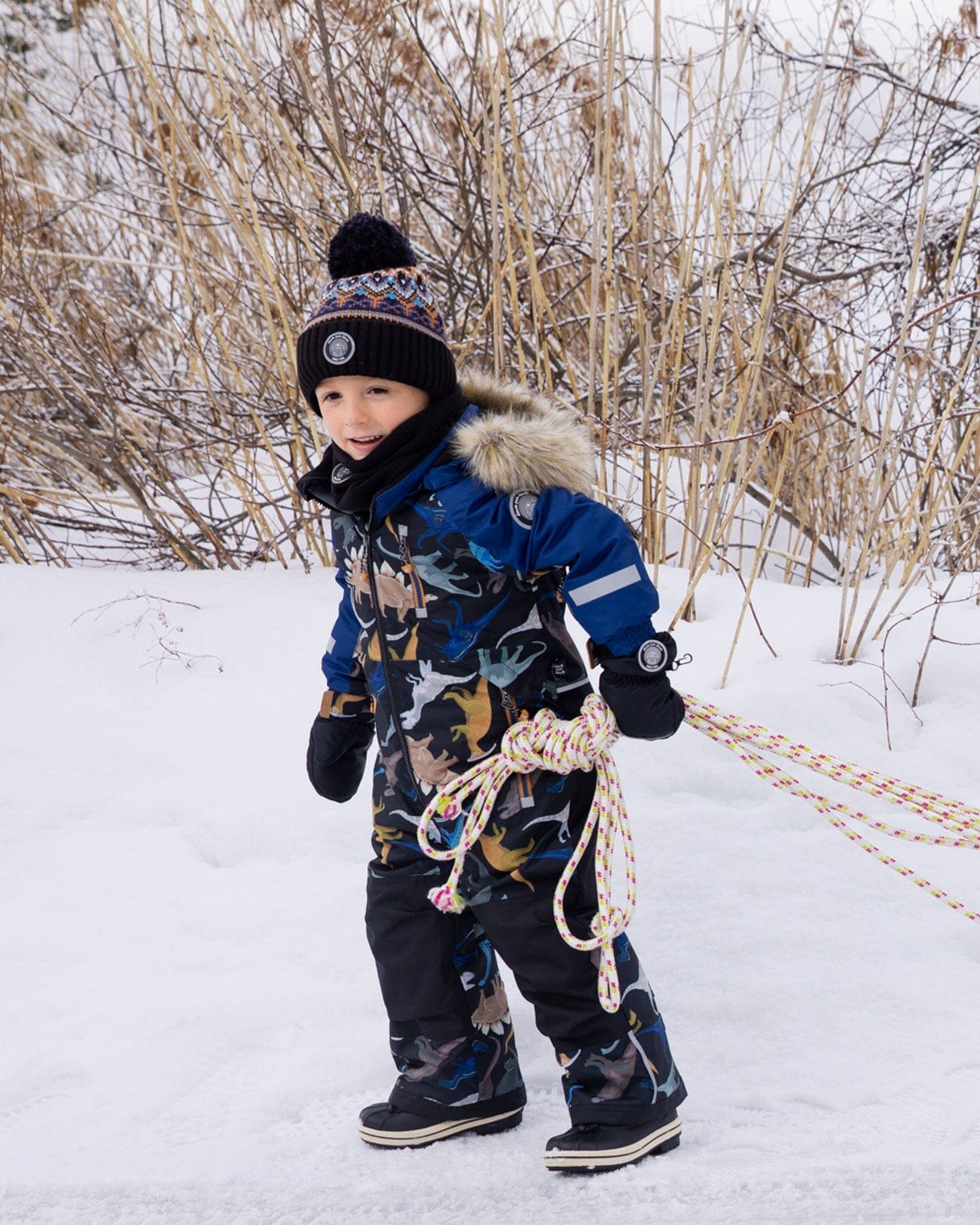 One-Piece Play Snowsuit Black Dinosaur Print