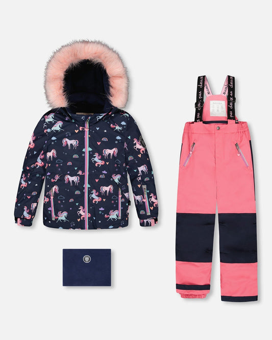 Two-Piece Play Snowsuit With Printed Jacket And Solid Pant Candy Pink