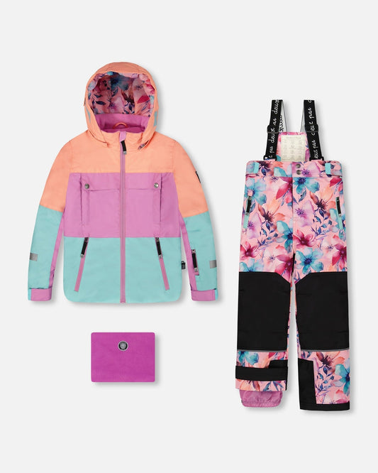 Two-Piece Teknik Snowsuit With Colorblocked Jacket Pink Watercolor Flower Print