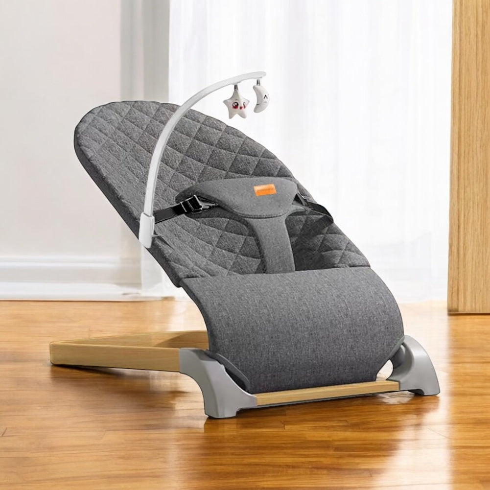 Ergonomic Quilted Baby Bouncer & Rocker with Removable Toy Bar, Adjustable Safety Harness , Baby Bouncinette (Grey)