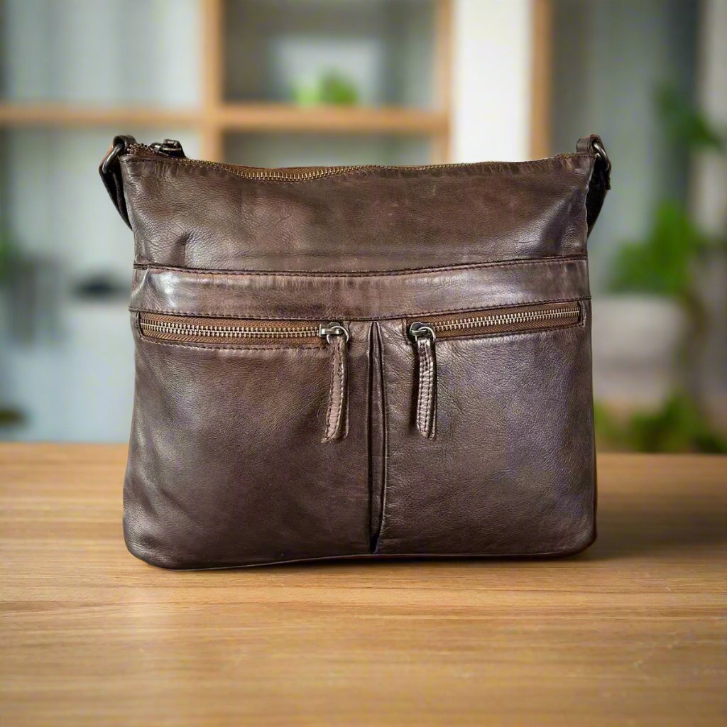 MET Leather Crossbody Bag with Dual Zipper Pockets
