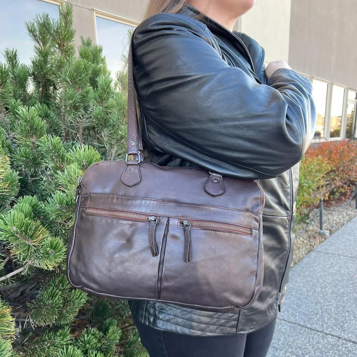 MET Leather Handbag with Dual Handles and Front Zipper Pockets
