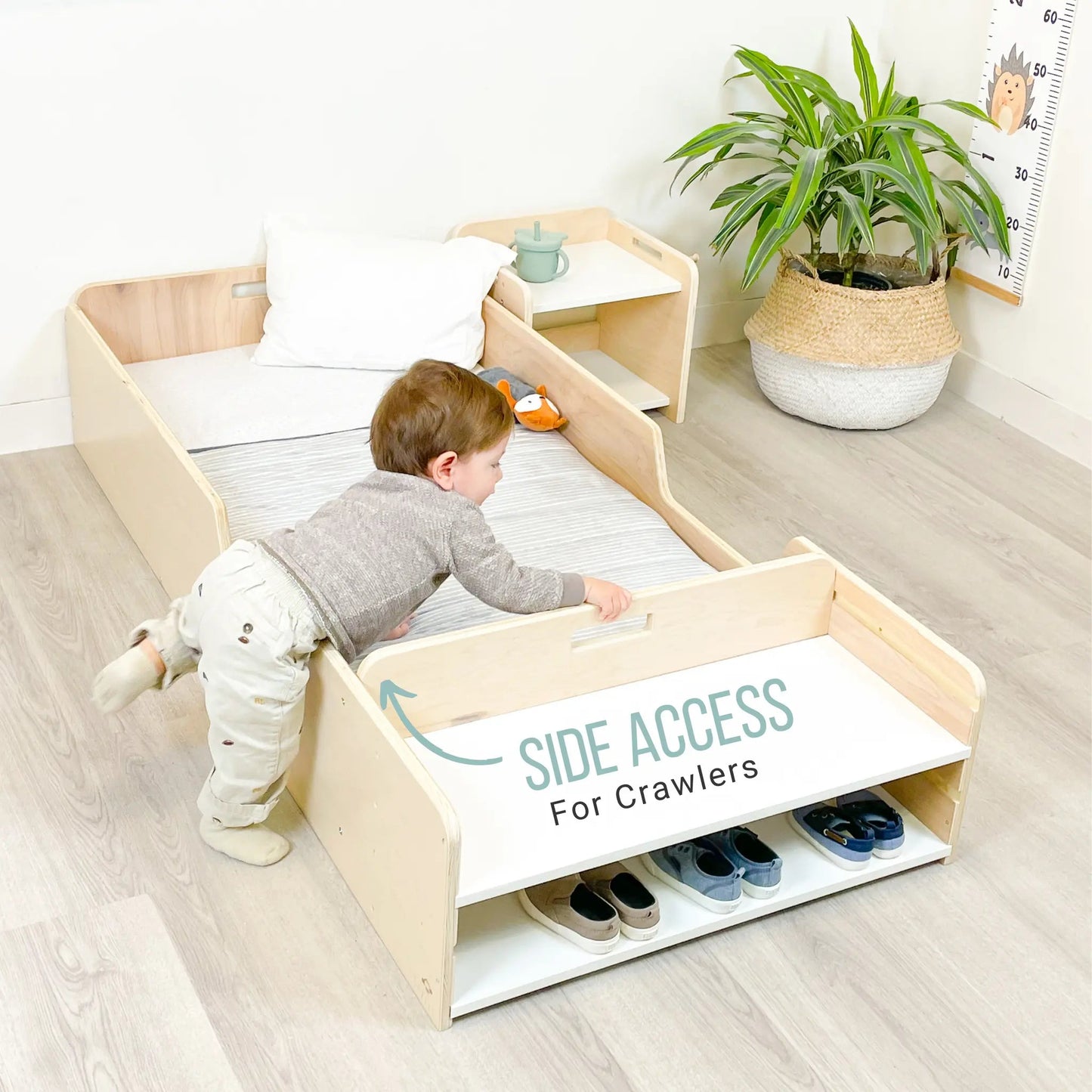 APPLE TWIN - Montessori Floor Bed with Rails & Shelves