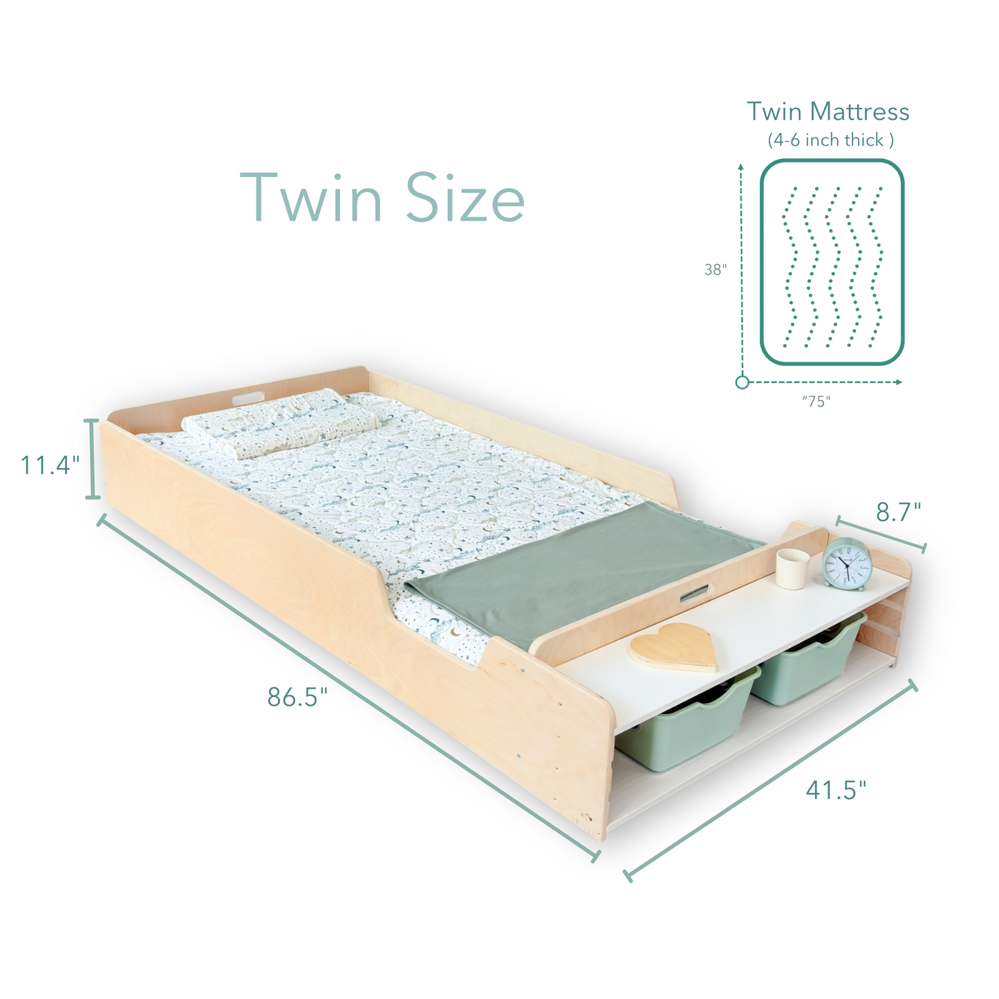 APPLE TWIN - Montessori Floor Bed with Rails & Shelves