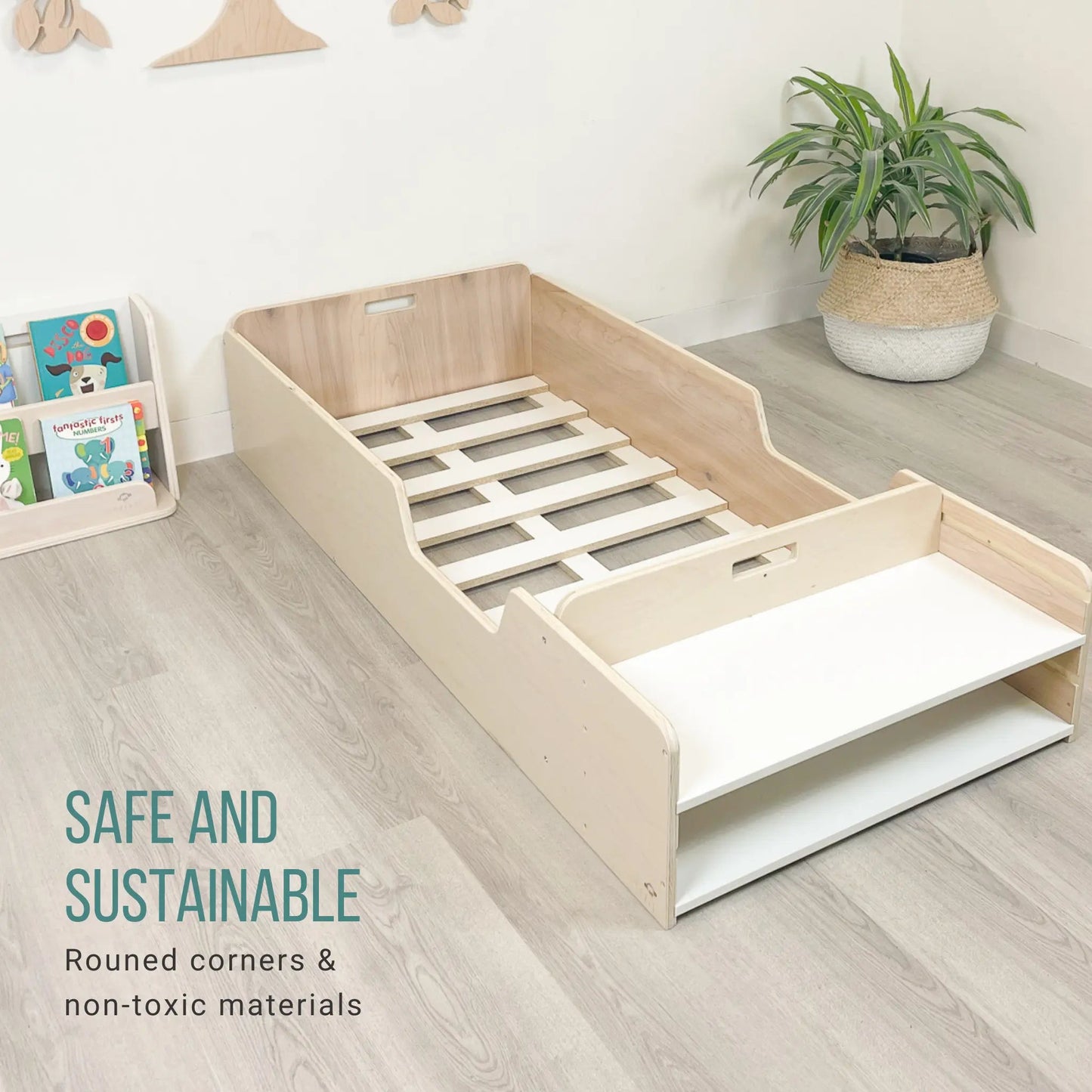 APPLE TWIN - Montessori Floor Bed with Rails & Shelves