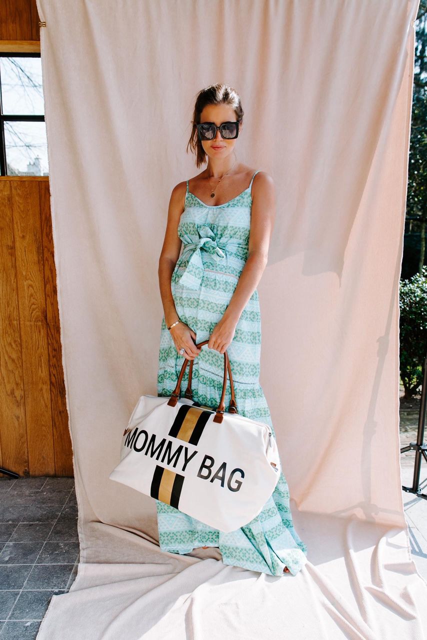 MOMMY BAG OFF-WHITE CANVAS WITH BLACK AND GOLD STRIPES