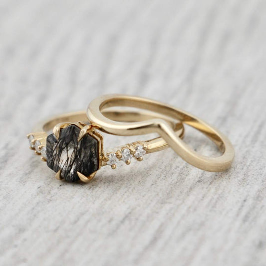 Bagues Ensemble d'alliances Rutile en or jaune 10K et moissanites