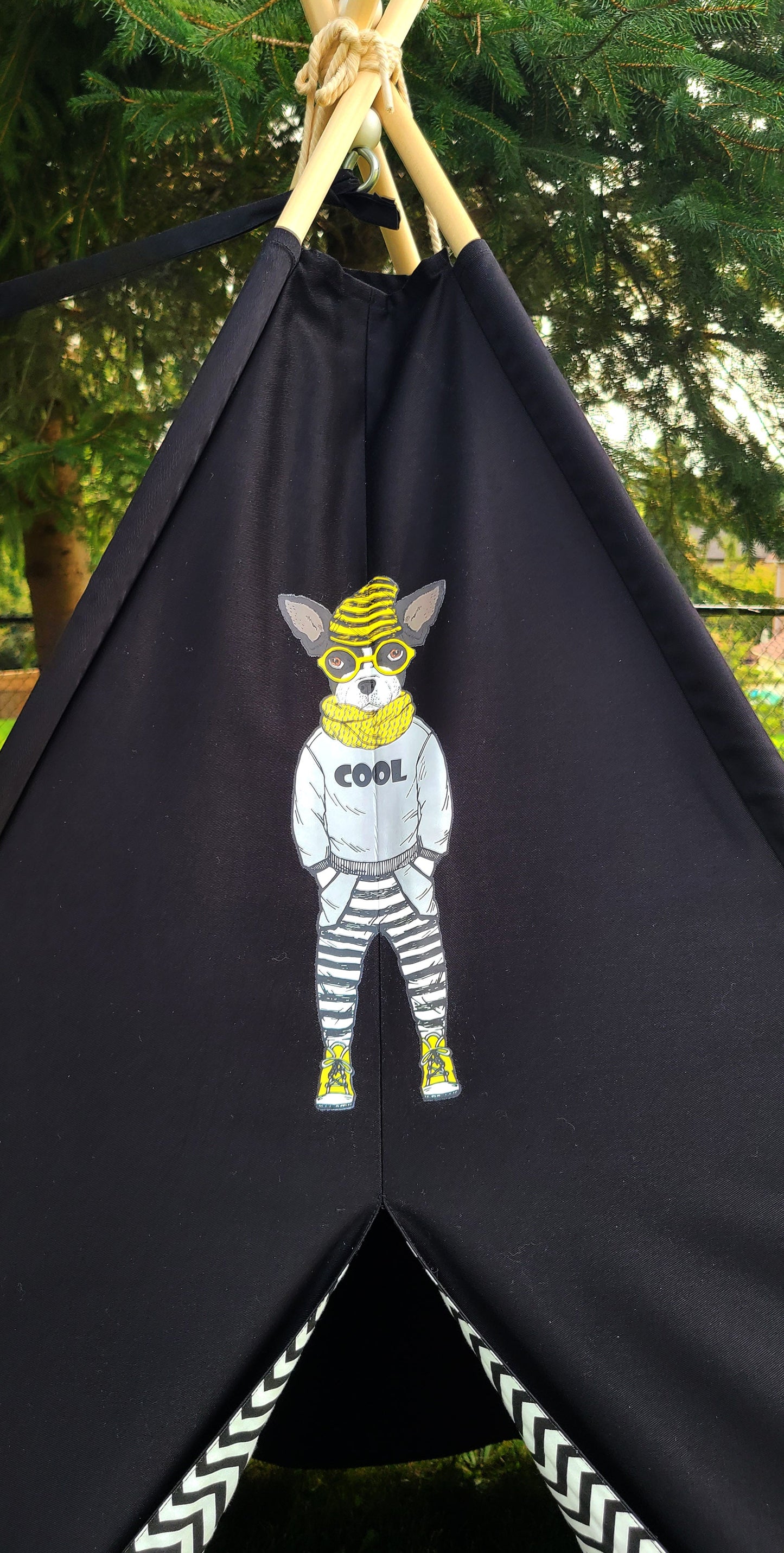 Black Teepee with Dog patch and Zig-zag Lining Teepee Tent
