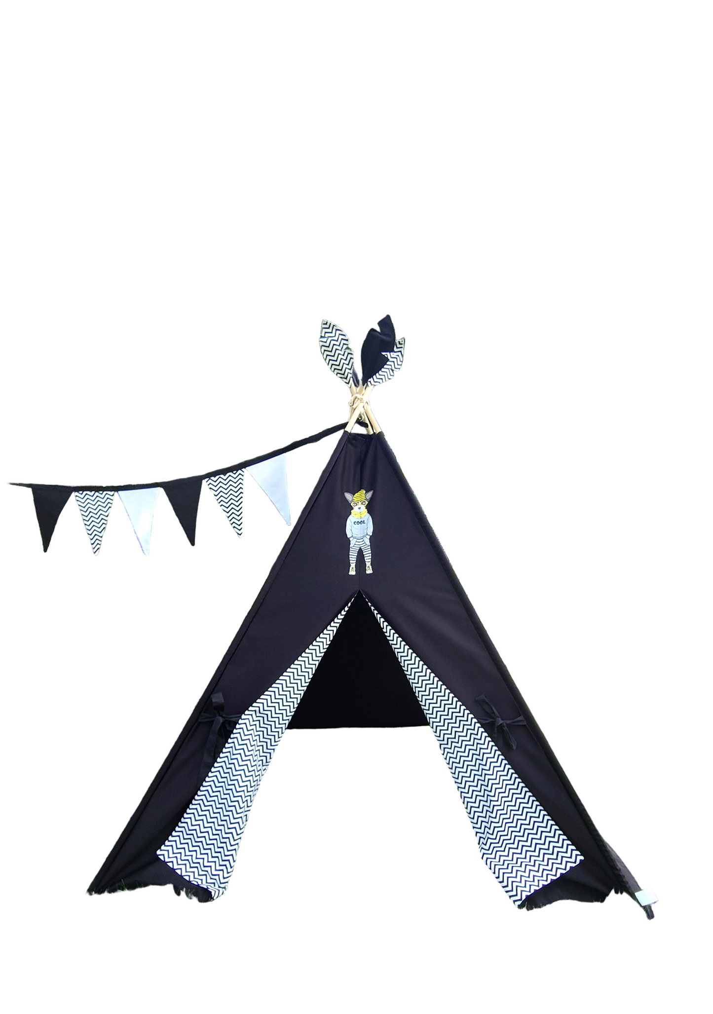 Black Teepee with Dog patch and Zig-zag Lining Teepee Tent