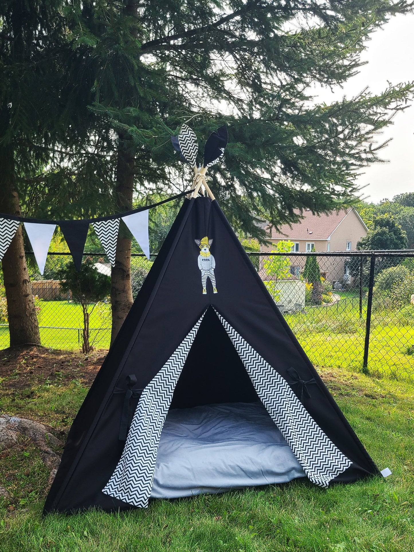 Black Teepee with Dog patch and Zig-zag Lining Teepee Tent