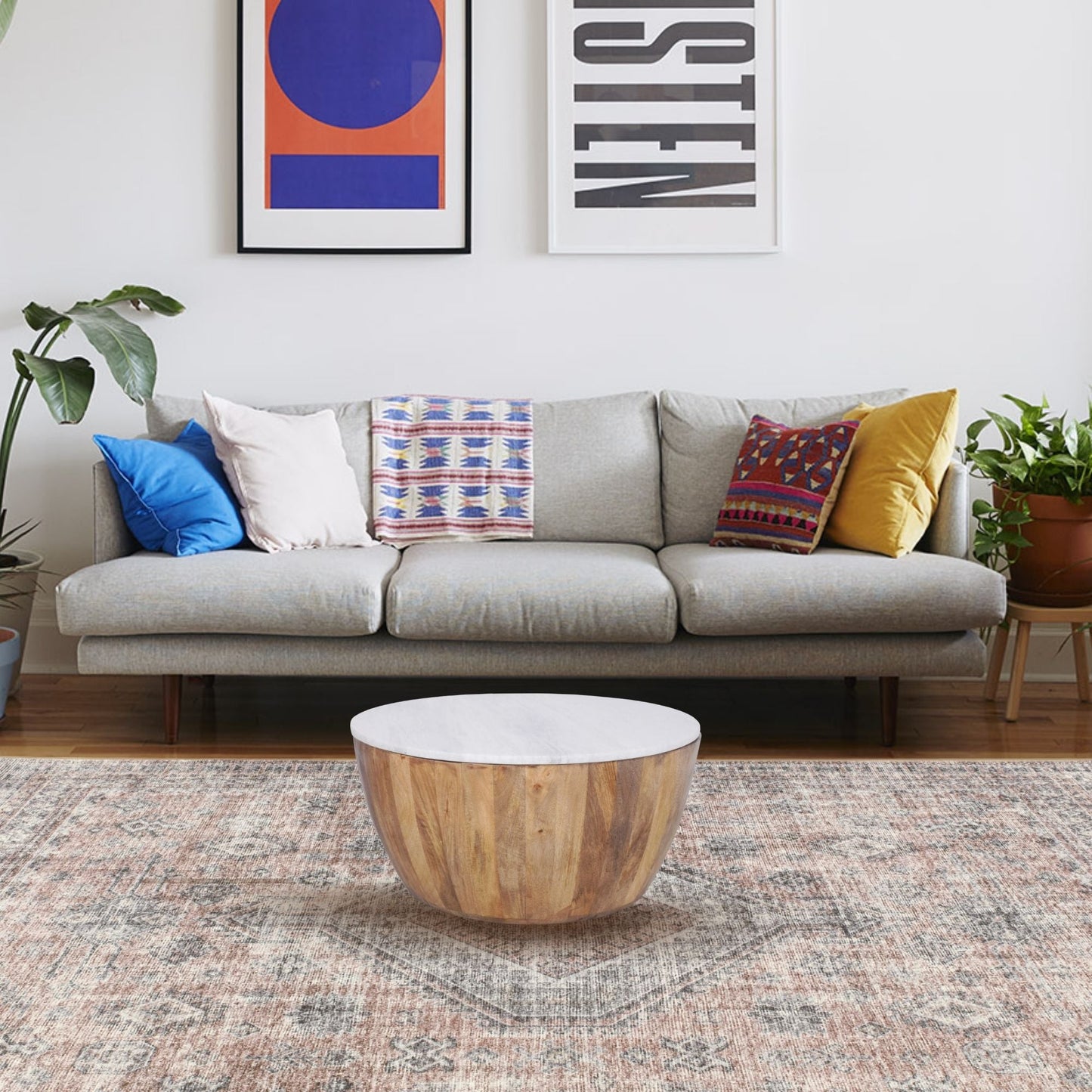 Cecile Mango Wood Drum Coffee Table With Marble Top