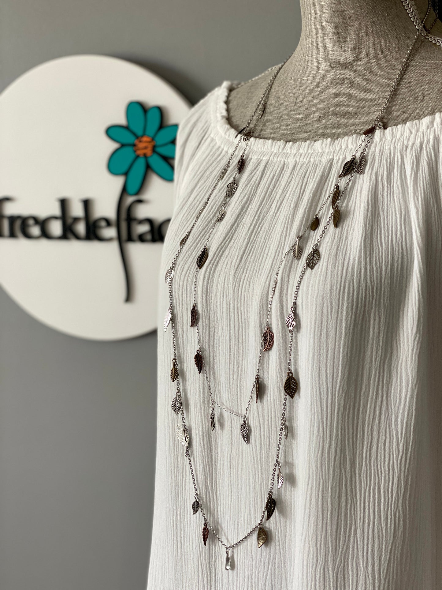 Waterfall Leaf Necklace – Long Layering Chain with Cascading Silver & Mixed Metal Leaves