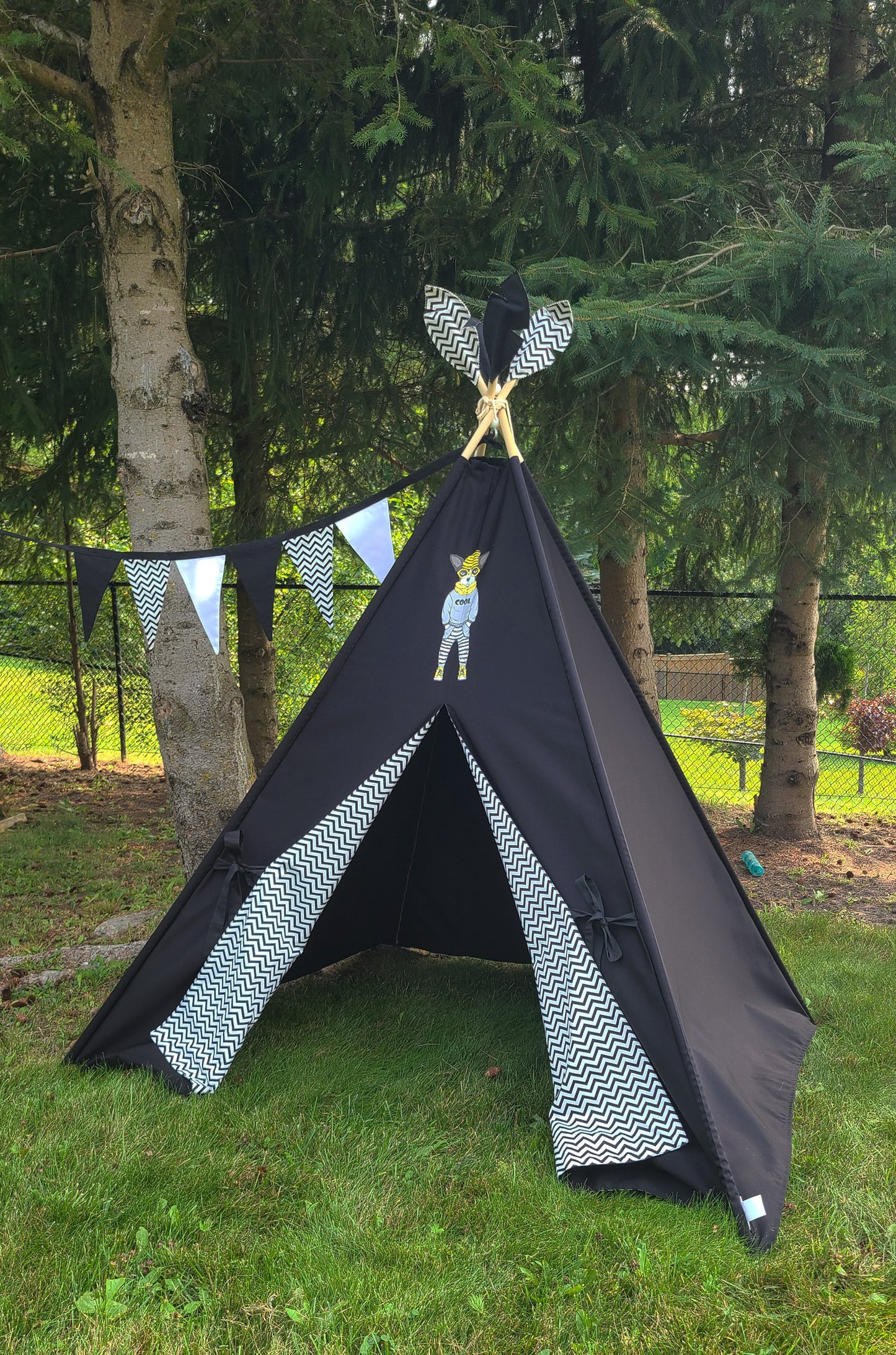 Black Teepee with Dog patch and Zig-zag Lining Teepee Tent