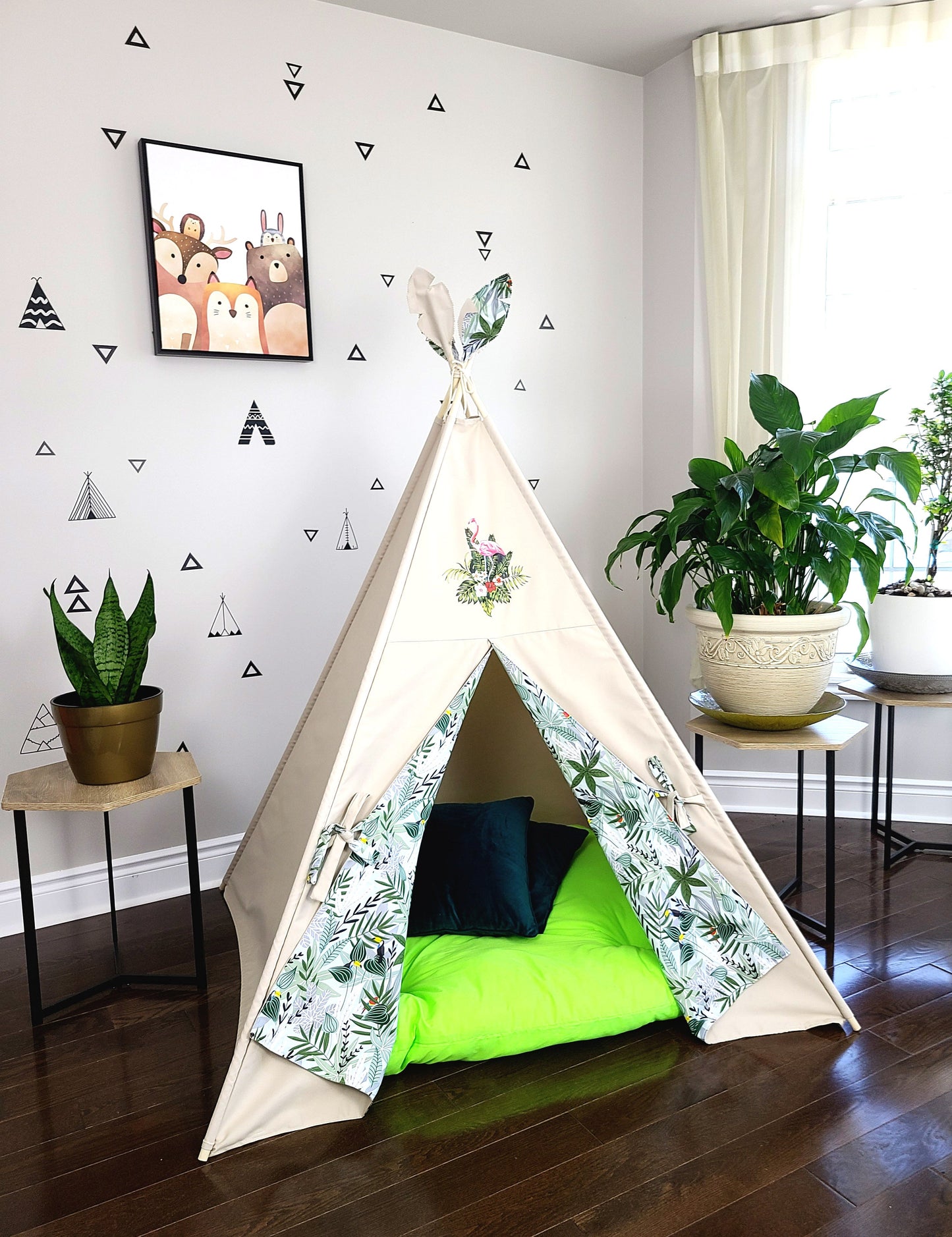 Flamingo Patch on Taupe Teepee Tent with Monstera Jungle Plant Print.