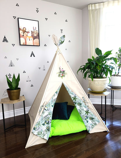 Flamingo Patch on Taupe Teepee Tent with Monstera Jungle Plant Print.