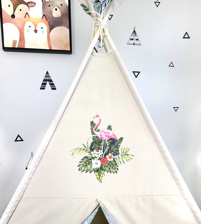 Flamingo Patch on Taupe Teepee Tent with Monstera Jungle Plant Print.