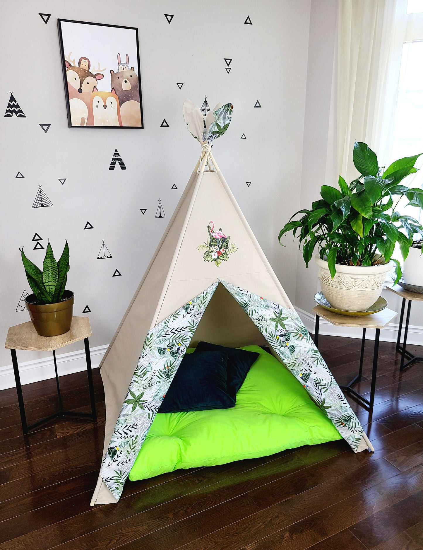 Flamingo Patch on Taupe Teepee Tent with Monstera Jungle Plant Print.