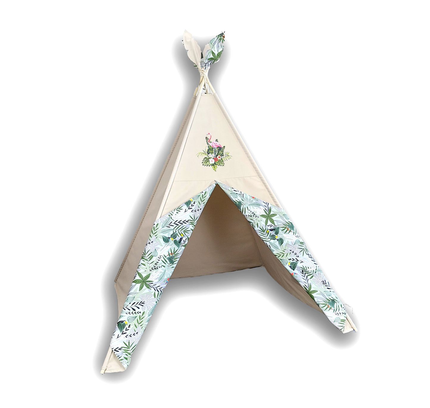 Flamingo Patch on Taupe Teepee Tent with Monstera Jungle Plant Print.
