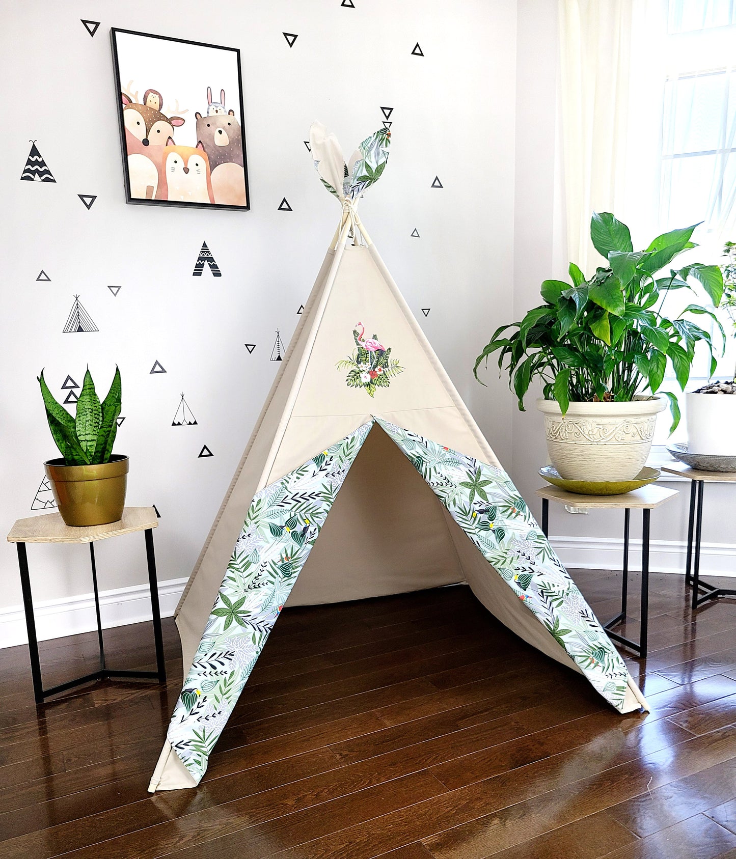 Flamingo Patch on Taupe Teepee Tent with Monstera Jungle Plant Print.