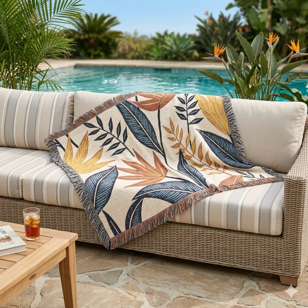 Tropical Leaf Woven Blanket — Boho Botanical Throw for Sofa & Bed
