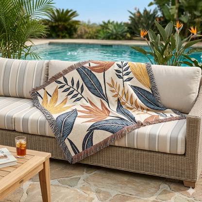 Tropical Leaf Woven Blanket — Boho Botanical Throw for Sofa & Bed
