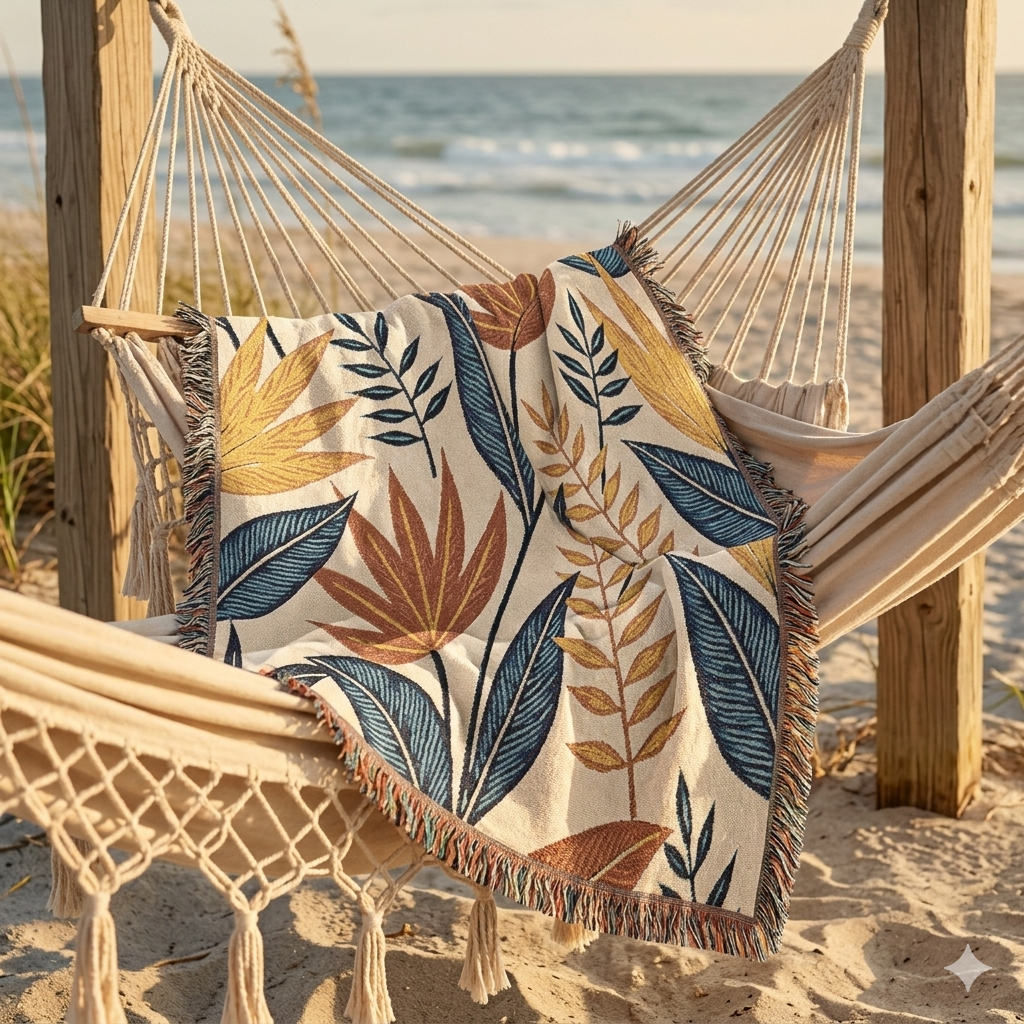 Tropical Leaf Woven Blanket — Boho Botanical Throw for Sofa & Bed