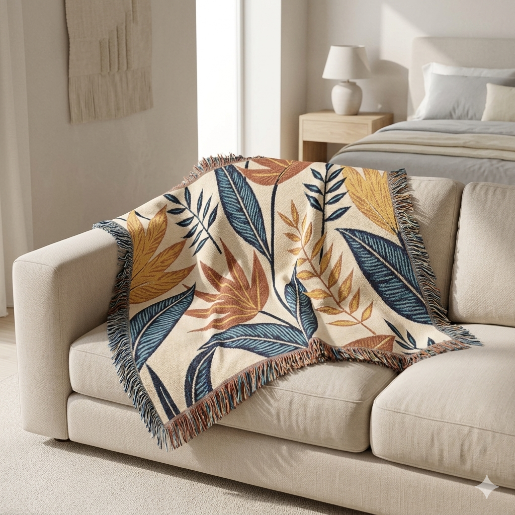Tropical Leaf Woven Blanket — Boho Botanical Throw for Sofa & Bed