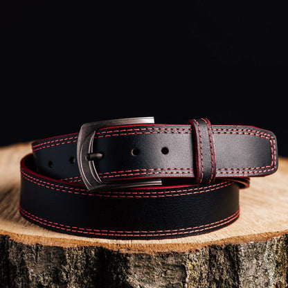 The Pegasus Belt - Black Full Grain Leather Belt with White Stitches