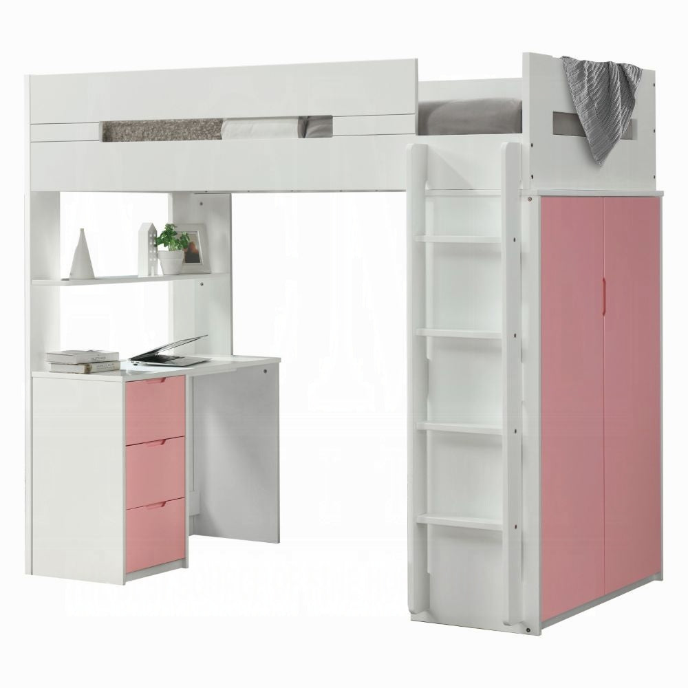 Lilo Twin Bunk/Loft Bed W/Workstation & Wardrobe - White/Pink