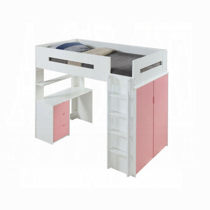 Lilo Twin Bunk/Loft Bed W/Workstation & Wardrobe - White/Pink