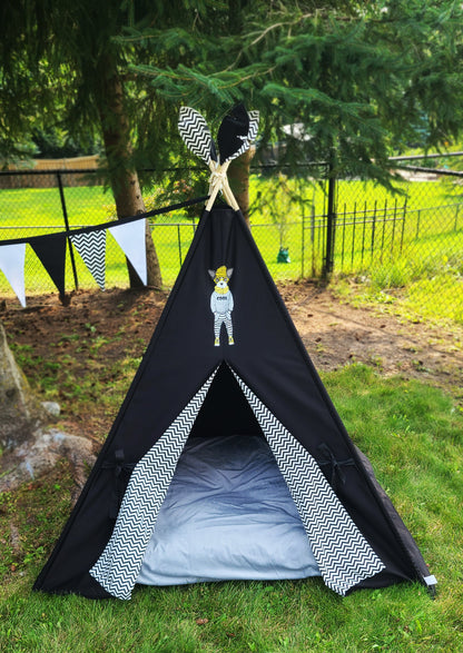 Black Teepee with Dog patch and Zig-zag Lining Teepee Tent
