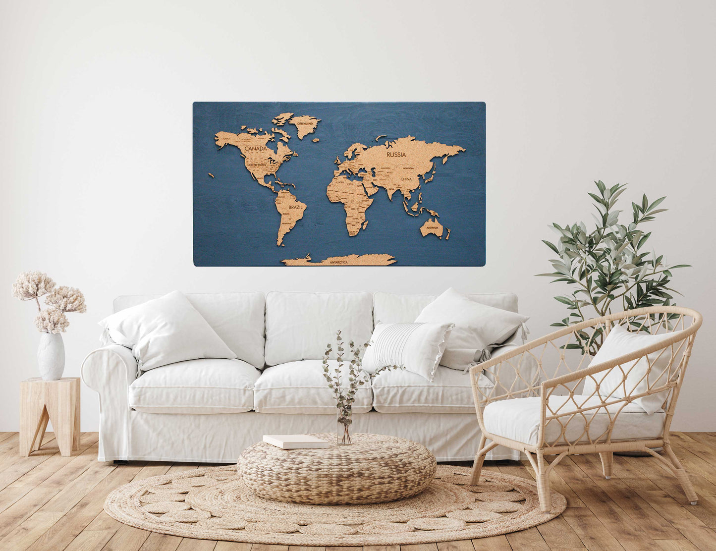 Cork & Wood 3D World Pin Map | 44 x 24 | Labelled