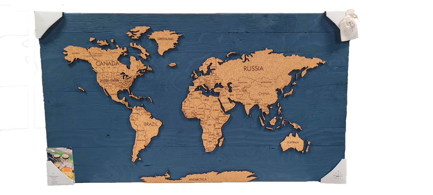 Cork & Wood 3D World Pin Map | 44 x 24 | Labelled