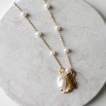 Kalla Necklace | Coastal Cowgirl Pearl Necklace with Pearl Pendant and Cowboy Boot Charm