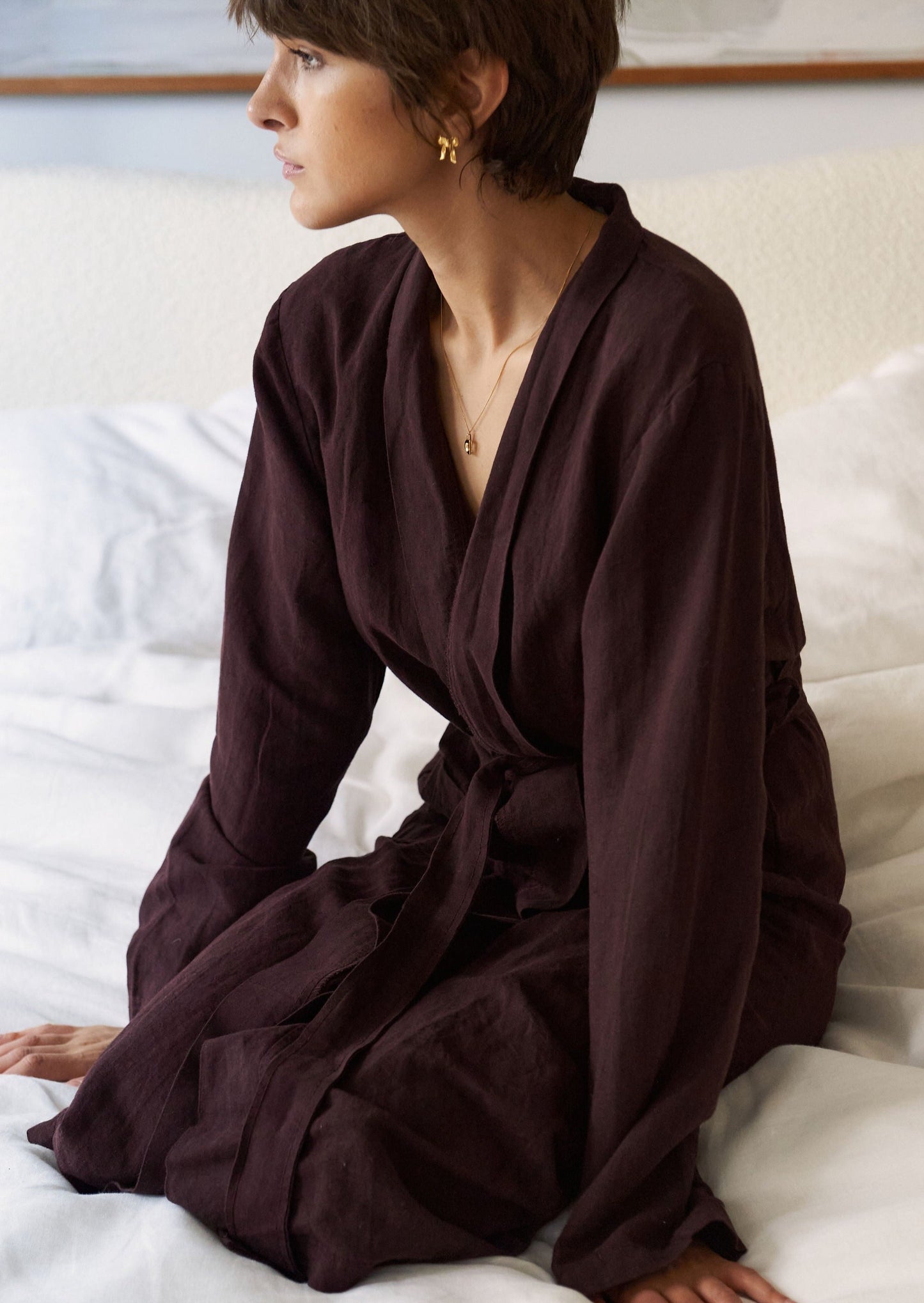 Linen Kimono Robe in Burgundy