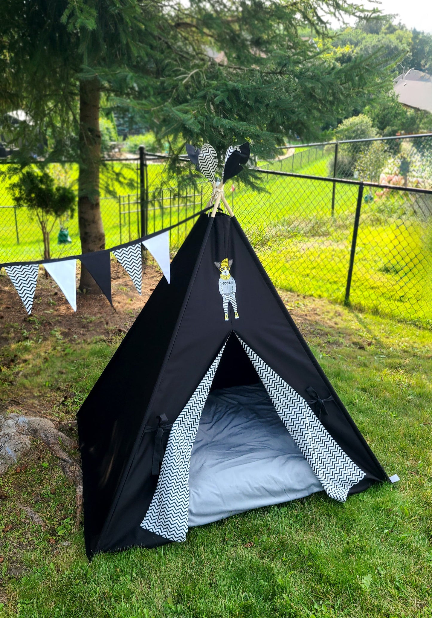 Black Teepee with Dog patch and Zig-zag Lining Teepee Tent