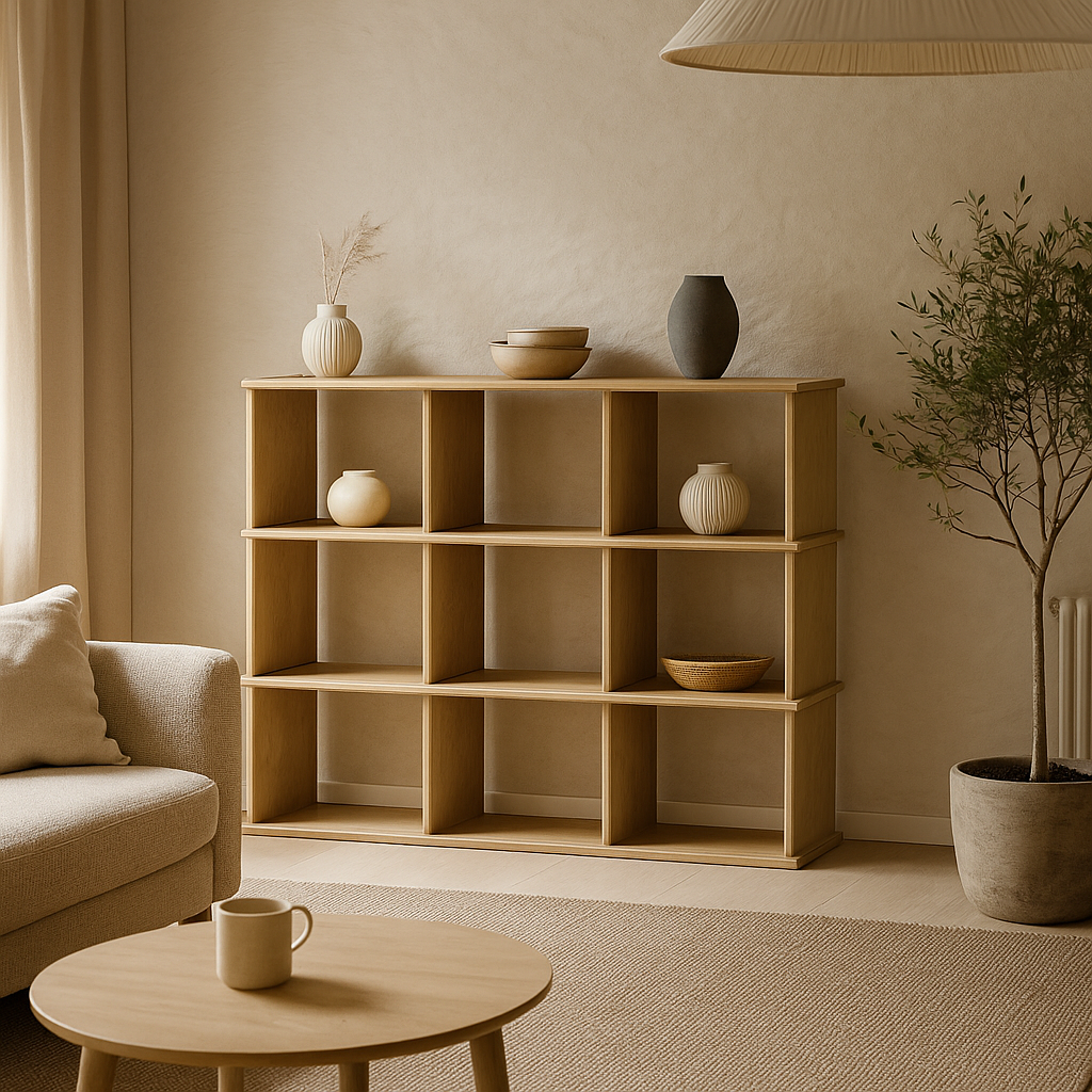 Nine cube bookshelf in white oak