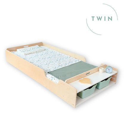 APPLE TWIN - Montessori Floor Bed with Rails & Shelves