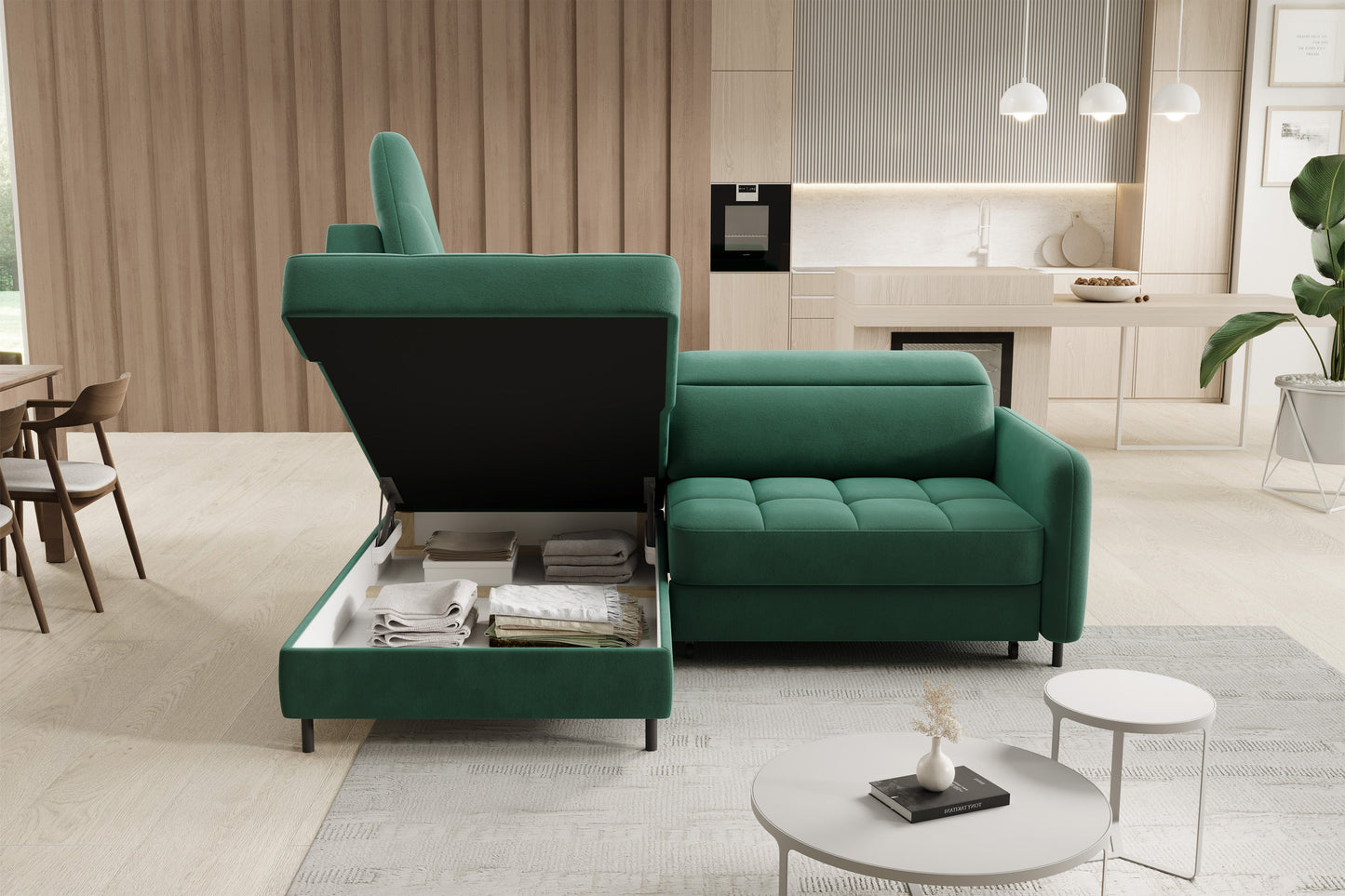 Barea 3 Seater Storage Sleeper Chaise Sofa - Emerald Green