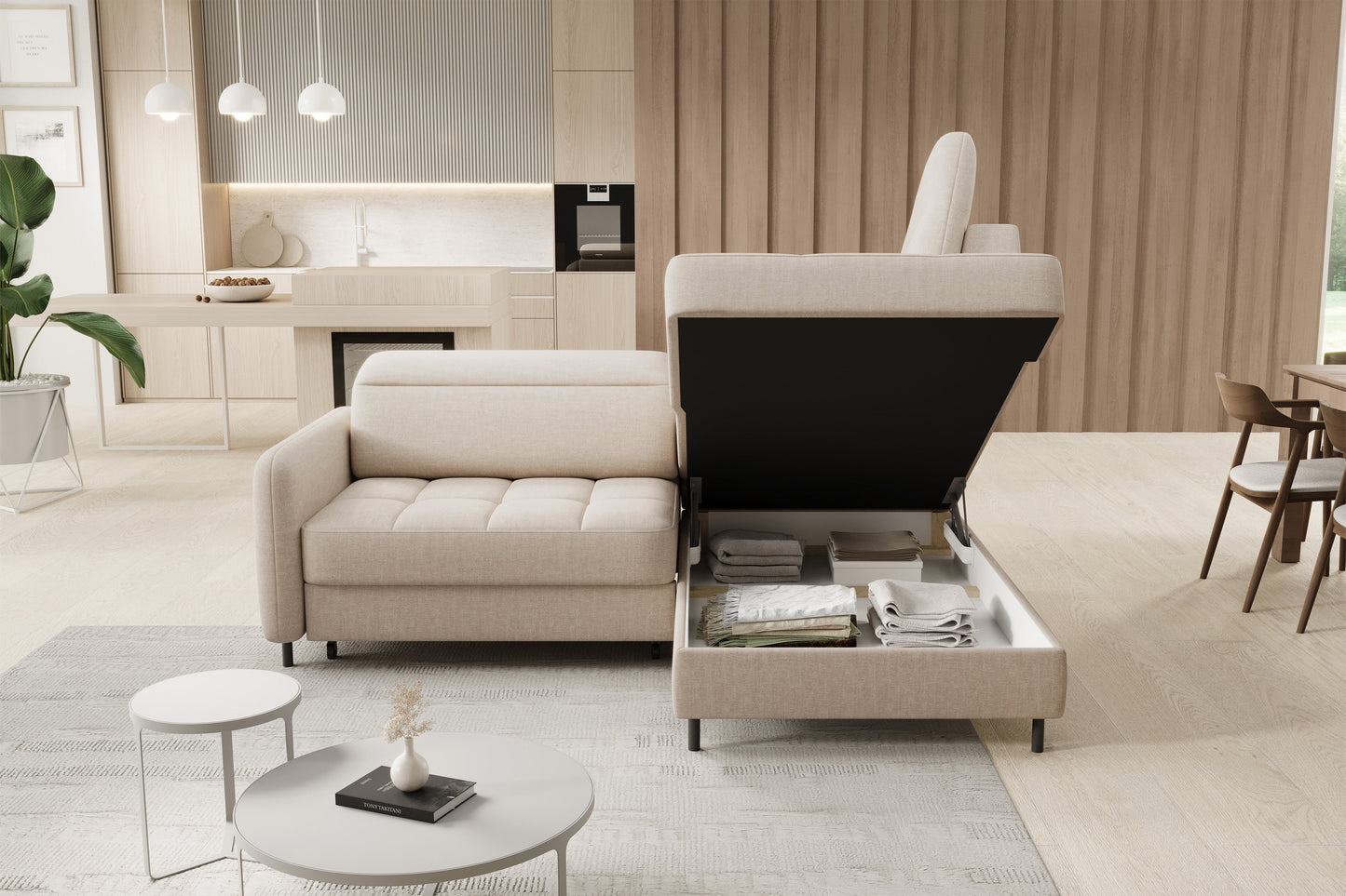 Barea 3 Seater Storage Sleeper Chaise Sofa - Beige