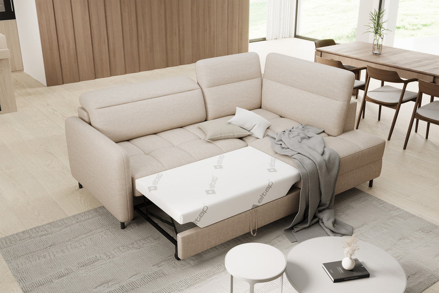 Barea 3 Seater Storage Sleeper Chaise Sofa - Beige